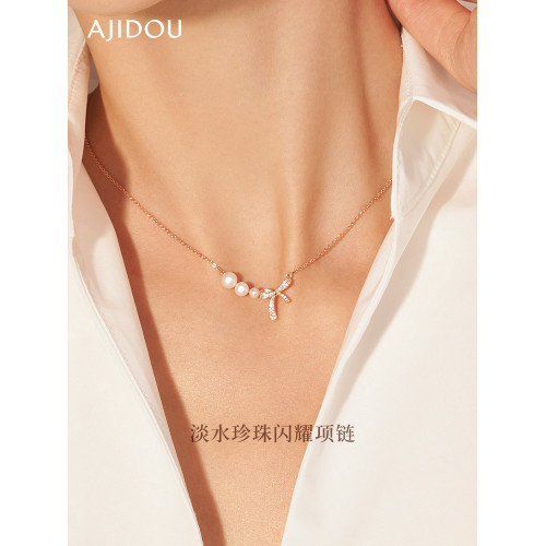 AJIDOU阿吉豆項鍊女天然珍珠項鍊蝴蝶結鎖骨鍊小衆爆款輕奢毛衣鏈