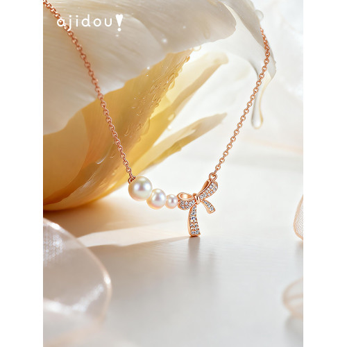 AJIDOU阿吉豆項鍊女天然珍珠項鍊蝴蝶結鎖骨鍊小衆爆款輕奢毛衣鏈