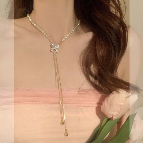 長款抽拉式蝴蝶珍珠項鍊女2025新款鎖骨鍊輕奢小衆高級感頸鏈配飾 長款抽拉式蝴蝶珍珠項鍊女2025新款鎖骨鍊輕奢小衆高級感頸鏈配飾