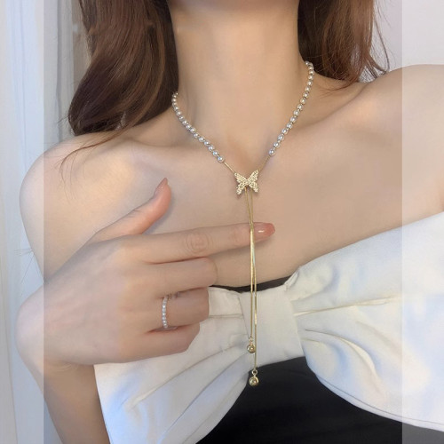 長款抽拉式蝴蝶珍珠項鍊女2025新款鎖骨鍊輕奢小衆高級感頸鏈配飾 長款抽拉式蝴蝶珍珠項鍊女2025新款鎖骨鍊輕奢小衆高級感頸鏈配飾