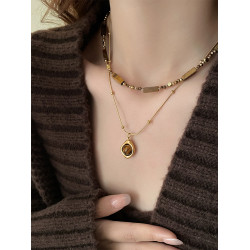 復古氣質曡戴虎眼石款吊墜項鍊女秋冬輕奢雙層鎖骨鍊高級感毛衣鏈