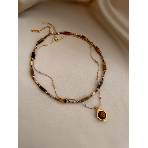 復古氣質曡戴虎眼石款吊墜項鍊女秋冬輕奢雙層鎖骨鍊高級感毛衣鏈