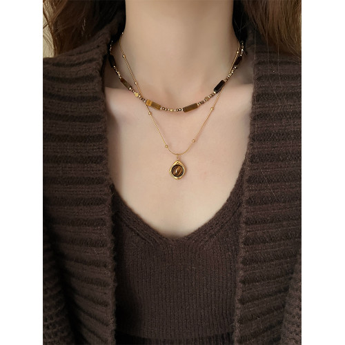 復古氣質曡戴虎眼石款吊墜項鍊女秋冬輕奢雙層鎖骨鍊高級感毛衣鏈