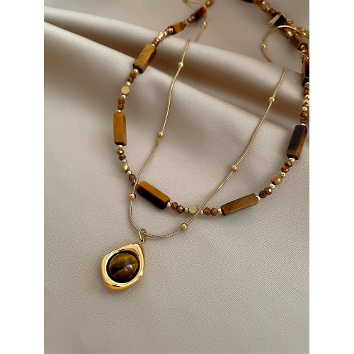 復古氣質曡戴虎眼石款吊墜項鍊女秋冬輕奢雙層鎖骨鍊高級感毛衣鏈