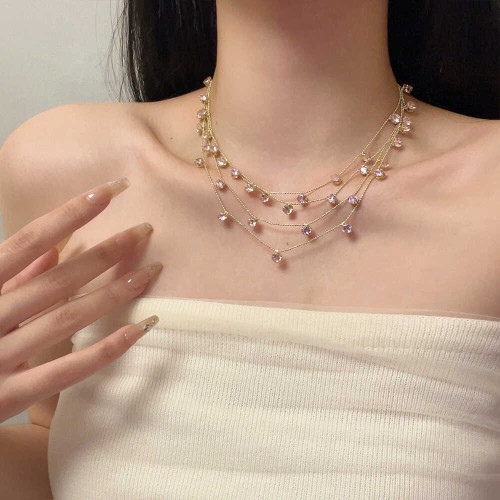 晚宴主角！滿天星鋯石流蘇項鍊女款小衆個性多層曡戴鎖骨鍊高級感