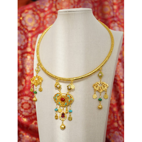 雲深霧淺 貓咪納財 原創貓爪銅錢金色漢服瓔珞項圈平安鎖古風項鍊