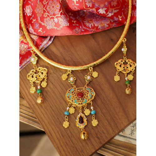 雲深霧淺 貓咪納財 原創貓爪銅錢金色漢服瓔珞項圈平安鎖古風項鍊