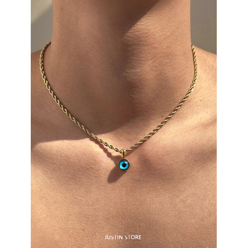 金色惡魔之眼麻花繩鈦鋼項鍊男輕奢小衆設計個性百搭高級感鎖骨鍊