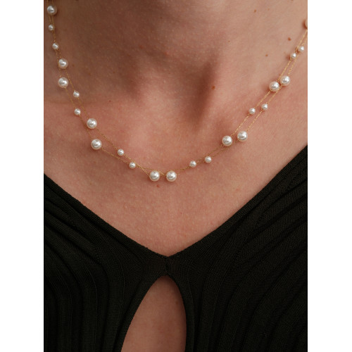 【CnHnOn脂肪商店】細金線串珠散落珍珠懸浮鏤空鏈條多層曡戴項鍊