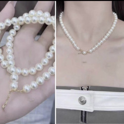 歐美風格輕奢小衆質感玻璃仿珍珠短款鎖骨鍊飾品女生耳夾項鍊