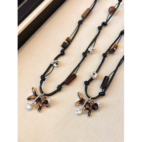 可調節黑色皮繩項鍊女豹紋小貓吊墜配飾2026新款虎眼石毛衣鏈長款