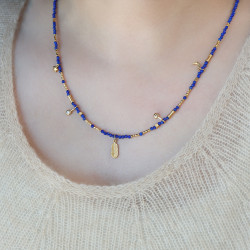 天然青金石鎖骨鍊羽毛鑲鑽2mm小米珠項鍊顯白氣質新中式小衆國風