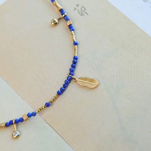 天然青金石鎖骨鍊羽毛鑲鑽2mm小米珠項鍊顯白氣質新中式小衆國風