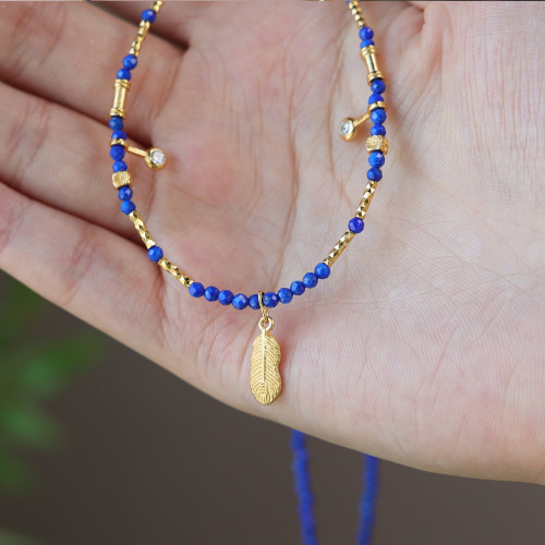 天然青金石鎖骨鍊羽毛鑲鑽2mm小米珠項鍊顯白氣質新中式小衆國風