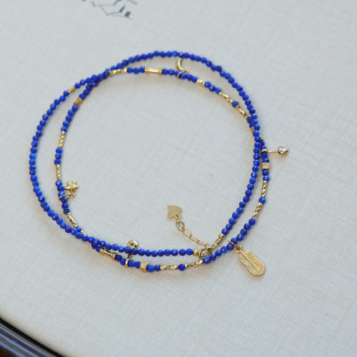 天然青金石鎖骨鍊羽毛鑲鑽2mm小米珠項鍊顯白氣質新中式小衆國風