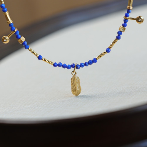 天然青金石鎖骨鍊羽毛鑲鑽2mm小米珠項鍊顯白氣質新中式小衆國風