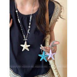 假日海島 多巴胺彩色海星串珠項鍊女海邊度假鎖骨鍊長款掛脖配飾