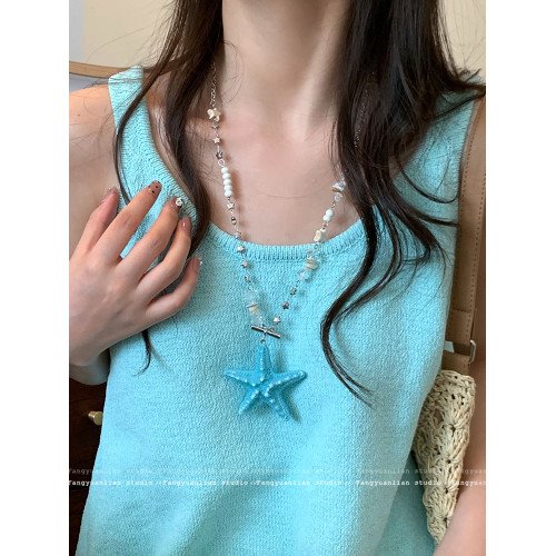 假日海島 多巴胺彩色海星串珠項鍊女海邊度假鎖骨鍊長款掛脖配飾