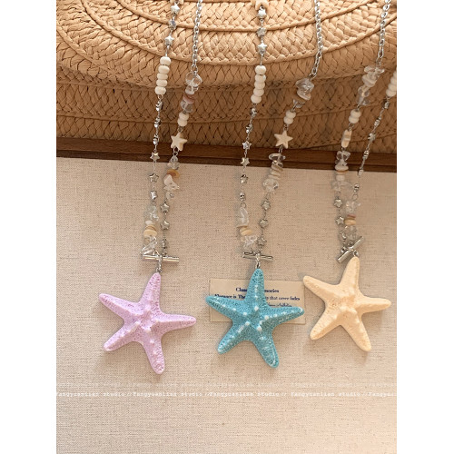 假日海島 多巴胺彩色海星串珠項鍊女海邊度假鎖骨鍊長款掛脖配飾
