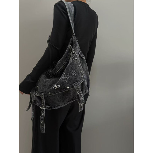 復古潮流百搭水洗牛仔托特包男女大容量單肩斜後後背包潮牌流浪包通勤