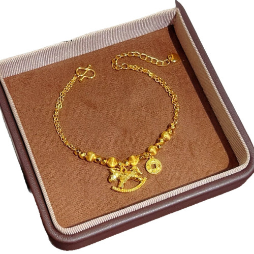 18K金色爆閃碎冰冰馬上有錢金色木馬項鍊小馬銅錢手鏈曡戴鎖骨鍊