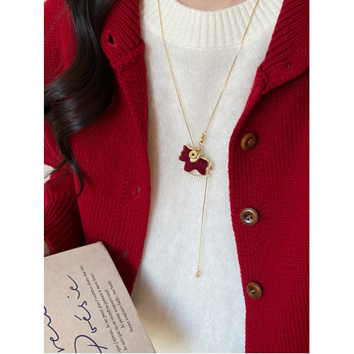 紅色絲絨小馬吊墜項鍊女2026年新款本命年輕奢高級毛衣鏈馬年配飾