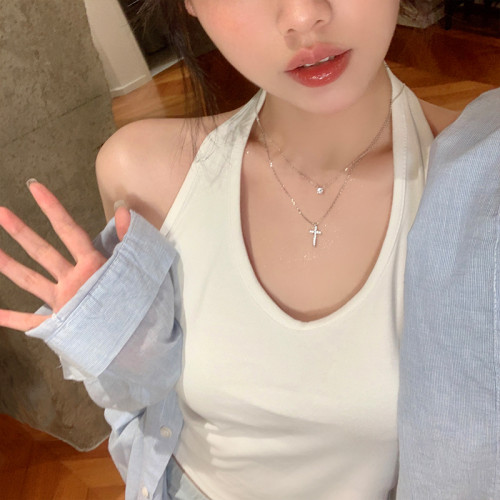 BM同款閃鋯十字架項鍊配飾女高級感曡戴鼻屎鑽鎖骨鍊輕奢小衆頸鏈