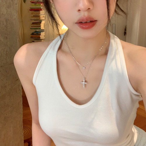 BM同款閃鋯十字架項鍊配飾女高級感曡戴鼻屎鑽鎖骨鍊輕奢小衆頸鏈