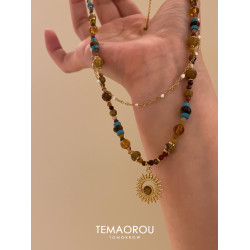 雙層曡戴vintgaer中古天然石虎眼石太陽花吊墜鎖骨鍊毛衣鏈項鍊女