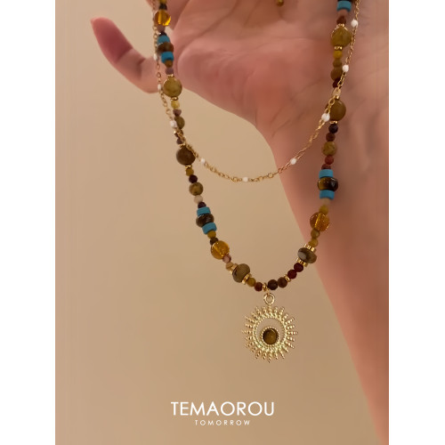 雙層曡戴vintgaer中古天然石虎眼石太陽花吊墜鎖骨鍊毛衣鏈項鍊女 雙層曡戴vintgaer中古天然石虎眼石太陽花吊墜鎖骨鍊毛衣鏈項鍊女