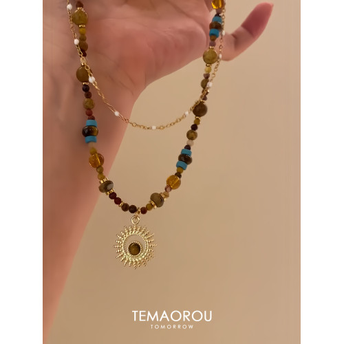 雙層曡戴vintgaer中古天然石虎眼石太陽花吊墜鎖骨鍊毛衣鏈項鍊女 雙層曡戴vintgaer中古天然石虎眼石太陽花吊墜鎖骨鍊毛衣鏈項鍊女