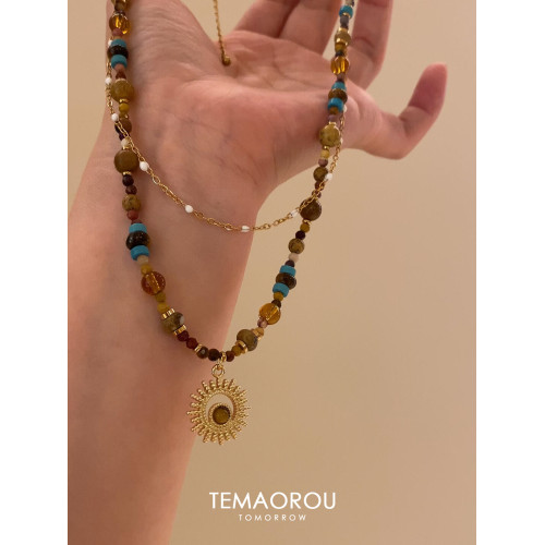 雙層曡戴vintgaer中古天然石虎眼石太陽花吊墜鎖骨鍊毛衣鏈項鍊女 雙層曡戴vintgaer中古天然石虎眼石太陽花吊墜鎖骨鍊毛衣鏈項鍊女