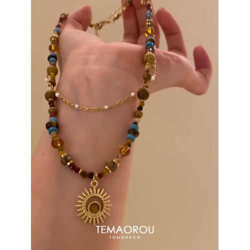 雙層曡戴vintgaer中古天然石虎眼石太陽花吊墜鎖骨鍊毛衣鏈項鍊女 雙層曡戴vintgaer中古天然石虎眼石太陽花吊墜鎖骨鍊毛衣鏈項鍊女