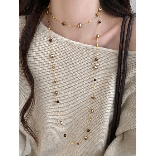 美拉德虎眼石珍珠項鍊女秋冬季2025爆款百搭輕奢高級感長款毛衣鏈