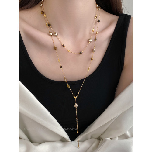 美拉德虎眼石珍珠項鍊女秋冬季2025爆款百搭輕奢高級感長款毛衣鏈