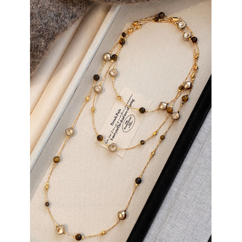 美拉德虎眼石珍珠項鍊女秋冬季2025爆款百搭輕奢高級感長款毛衣鏈