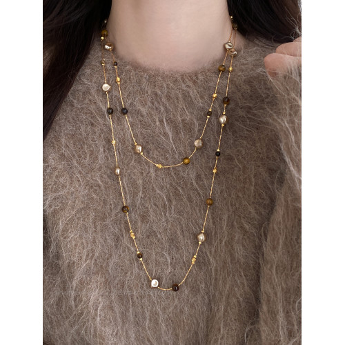 美拉德虎眼石珍珠項鍊女秋冬季2025爆款百搭輕奢高級感長款毛衣鏈