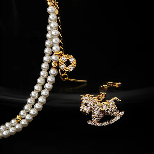 「馬上有錢」普陀山滿鑽小馬珍珠錢幣項鍊馬年本命年招財鎖骨鍊