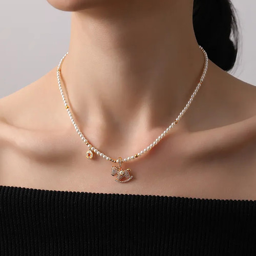 「馬上有錢」普陀山滿鑽小馬珍珠錢幣項鍊馬年本命年招財鎖骨鍊