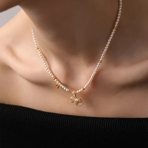 「馬上有錢」普陀山滿鑽小馬珍珠錢幣項鍊馬年本命年招財鎖骨鍊