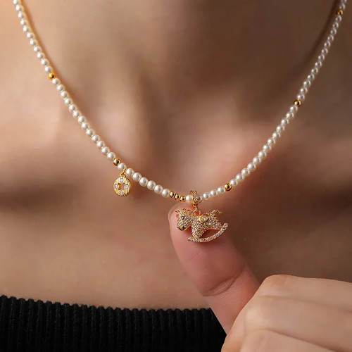 「馬上有錢」普陀山滿鑽小馬珍珠錢幣項鍊馬年本命年招財鎖骨鍊