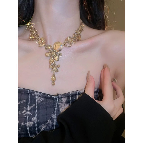 香檳色水滴花朵項鍊耳環套裝晚禮服鎖骨鍊高級感輕奢小衆新娘配飾