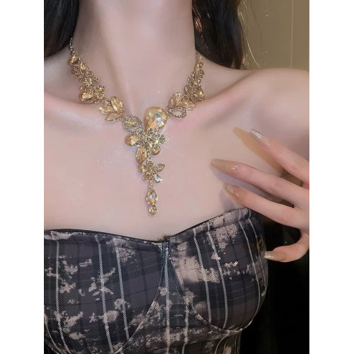 香檳色水滴花朵項鍊耳環套裝晚禮服鎖骨鍊高級感輕奢小衆新娘配飾