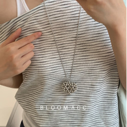 韓國ins博主簡約百搭銀色串珠立體愛心吊墜毛衣鏈項鍊長款衛衣鏈
