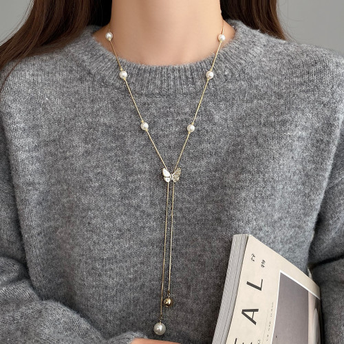 蝴蝶珍珠長款毛衣項鍊女款2026新款配飾秋冬女生毛衣鏈輕奢高級感 蝴蝶珍珠長款毛衣項鍊女款2026新款配飾秋冬女生毛衣鏈輕奢高級感