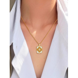 金色滿鑽四葉草方牌項鍊女不掉色無事牌吊墜高級感輕奢鎖骨毛衣鏈