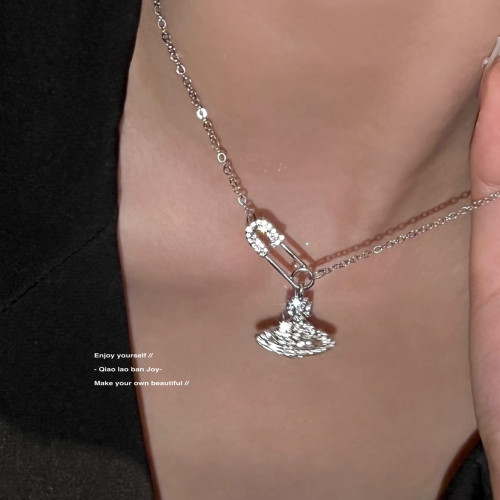 【喬老板Joy】土星別針項鍊銀色鎖骨西太後閃鑽甜酷小衆設計感潮