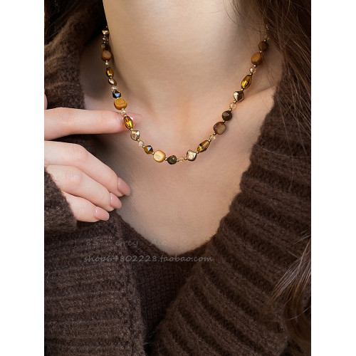 美拉德天然石項鍊女秋冬串珠焦糖色氣質百搭毛衣鏈輕奢高級感頸鏈