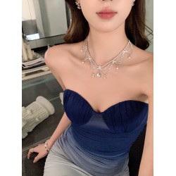 【蜜桃茶】晚宴公主 銀色水滴珍珠項鍊高級感宴會晚禮服頸鏈配飾