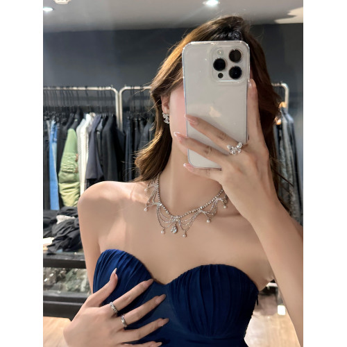 【蜜桃茶】晚宴公主 銀色水滴珍珠項鍊高級感宴會晚禮服頸鏈配飾